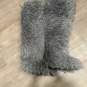 Gray Faux fur thigh high boots